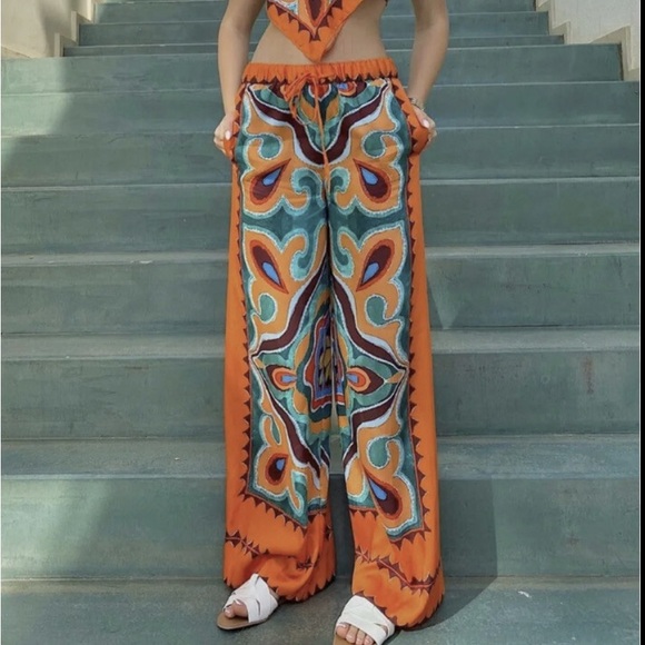 Zara Orange Multicolor Wide Leg Pants - Picture 1 of 4
